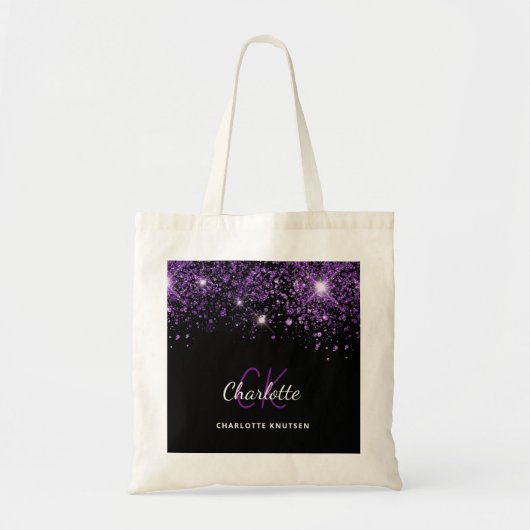 Zwarte paarse glittermonogram initialen tote bag (Voorkant)