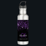 Zwarte paarse glittermonogram waterfles<br><div class="desc">Een klassieke zwarte achtergrond met paars faux glitter stof. Paarse tekst. Pas uw monogram initialen,  uw voornaam en volledige naam aan en voeg deze toe.</div>