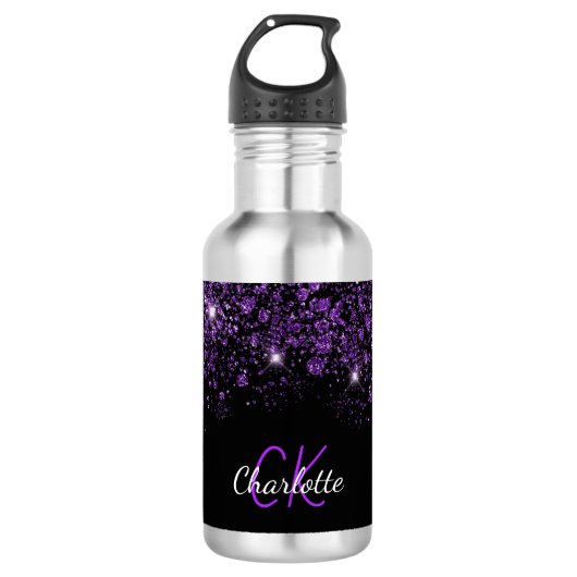 Zwarte paarse glittermonogram waterfles  (Voorkant)