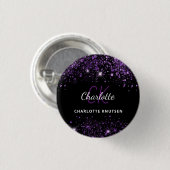 Zwarte paarse glitters monogram initiaal ronde button 3,2 cm (Voorkant /achterkant)