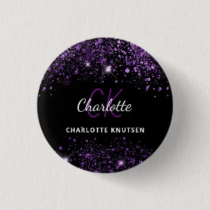 Zwarte paarse glitters monogram initiaal ronde button 3,2 cm