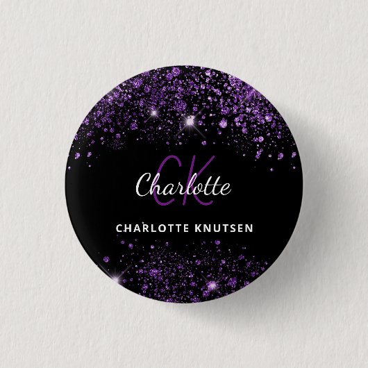 Zwarte paarse glitters monogram initiaal ronde button 3,2 cm (Voorkant)