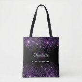 Zwarte paarse glitters monogram initialen naam tote bag (Voorkant)