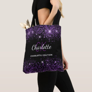 Zwarte paarse glitters monogram initialen naam tote bag