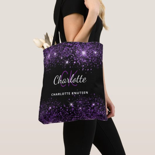 Zwarte paarse glitters monogram initialen naam tote bag (Dichtbij)