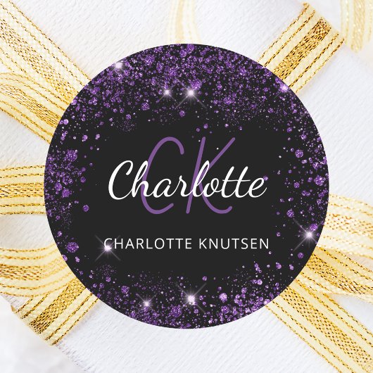 Zwarte paarse glitterscherf monogram initiaal naam ronde sticker
