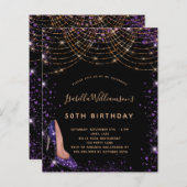 Zwarte paarse glitterschoen uitnodiging voor verja (Voorkant / Achterkant)