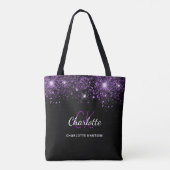 Zwarte paarse glitterschuim monogram initiaal tote bag (Achterkant)