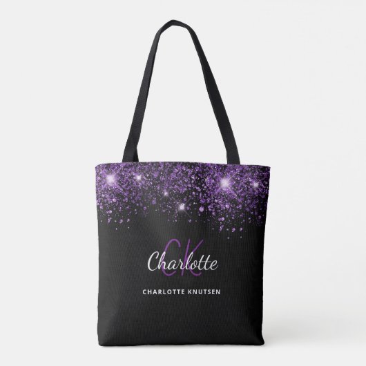 Zwarte paarse glitterschuim monogram initiaal tote bag (Achterkant)