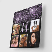Zwarte paarse glitterstof, aangepaste fotocollage vierkante klok (Hoek)