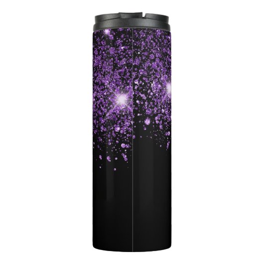 Zwarte paarse glitterstofmonogram thermosbeker (Achterkant)