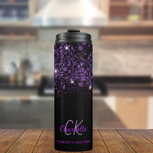 Zwarte paarse glitterstofmonogram thermosbeker