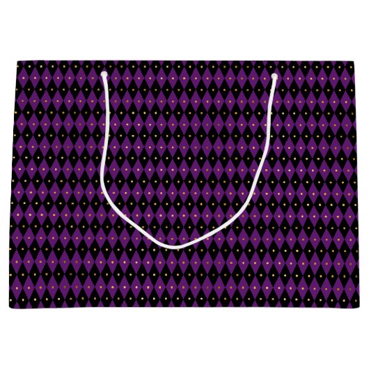 ZWARTE PAARSE GOLD MARDI GRAS DIAMOND PATTERN GROOT CADEAUZAKJE (Voorkant)