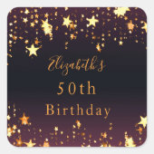 Zwarte paarse gouden sterren vierkante sticker (Voorkant)