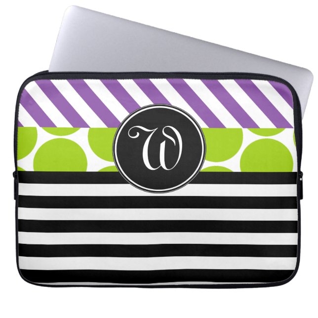 ZWARTE PAARSE GREEN ZWARTE STRIPES MONOGRAMMED LAPTOP SLEEVE (Voorkant)