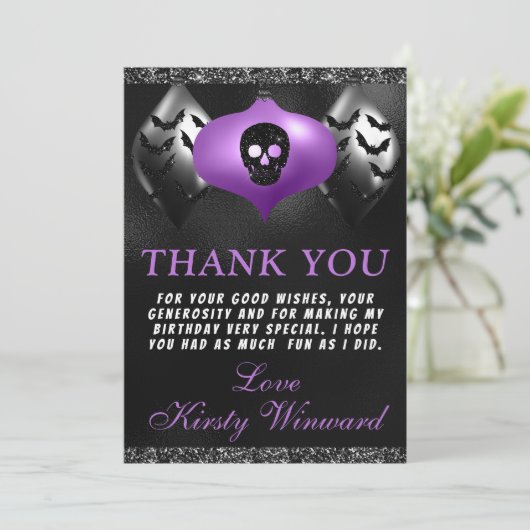 Zwarte Paarse Halloween Ornaments Birthday Party Bedankkaart (Staand voorkant)