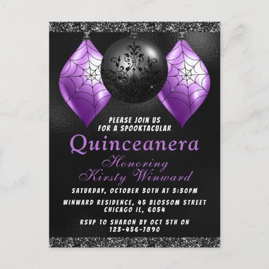 Zwarte Paarse Halloween-versiering Quinceañera Briefkaart (Voorkant)