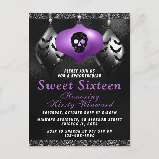 Zwarte Paarse Halloween-versiering Sweet 16 Briefkaart (Voorkant)