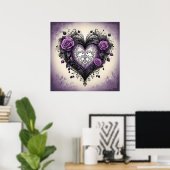 Zwarte Paarse Hart met Sierlijke Details 💜 Gotisc Poster (Thuiskantoor)