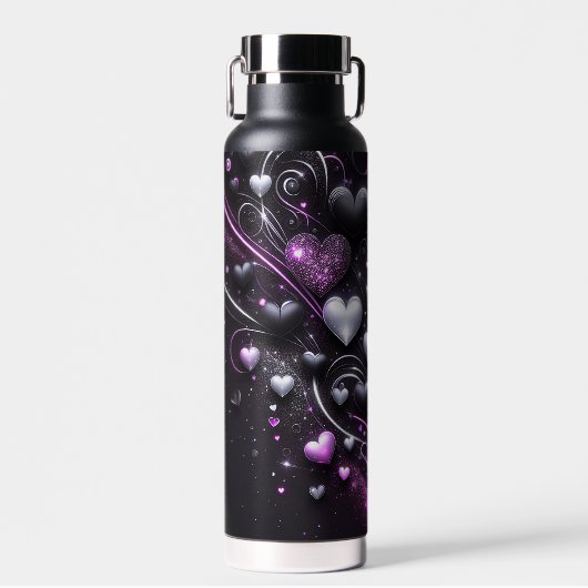 Zwarte & Paarse harten Waterfles (Voorkant)