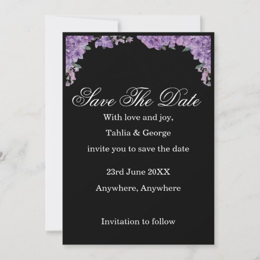 Zwarte & Paarse Jacaranda Bloemen Save the Date Kaart (Voorkant)