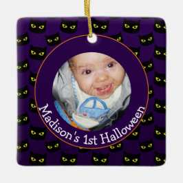 Zwarte paarse kattenpatroon 1e Halloween baby foto Keramisch Ornament