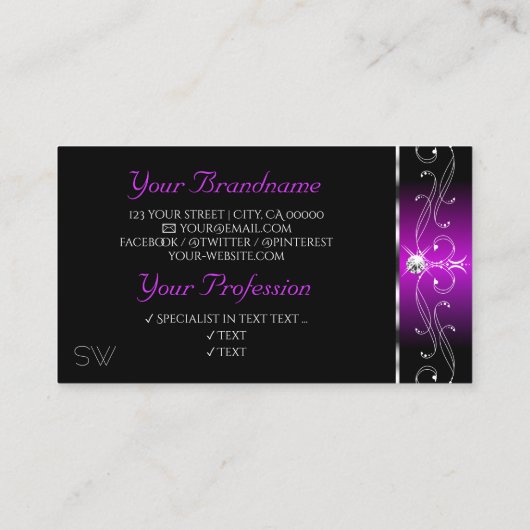 Zwarte Paarse kronkeltjes Initialen met mousserend Visitekaartje (Achterkant)
