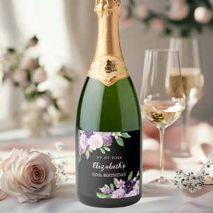 Zwarte paarse lavendel roze bloemen verjaardag sparkling wijnetiket