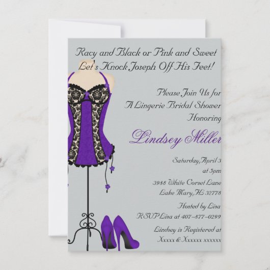 Zwarte & Paarse Lingerie Bridal Shower Invitation Kaart (Voorkant)