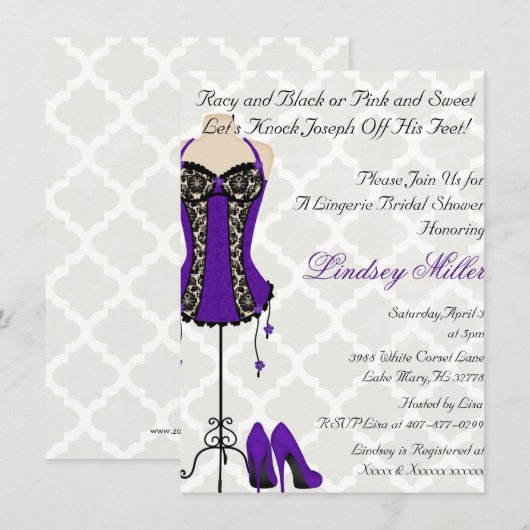 Zwarte & Paarse Lingerie Bruids Douche Uitnodiging (Voorkant / Achterkant)