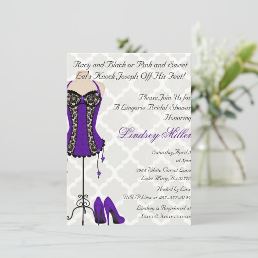 Zwarte & Paarse Lingerie Bruids Douche Uitnodiging (Staand voorkant)