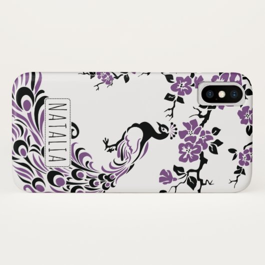Zwarte paarse pauw & kersenbloesem art nouveau Case-Mate iPhone case (Achterkant (horizontaal))