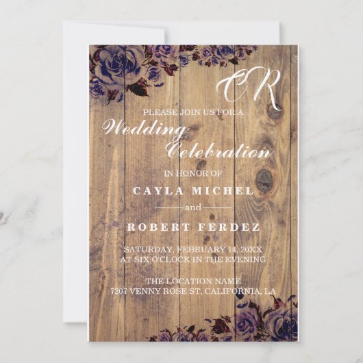 Zwarte Paarse Roos rustieke bruiloft uitnodiging (Voorkant)