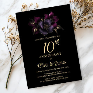 Zwarte Paarse Roze Bloemen 10e Jubileum Kaart