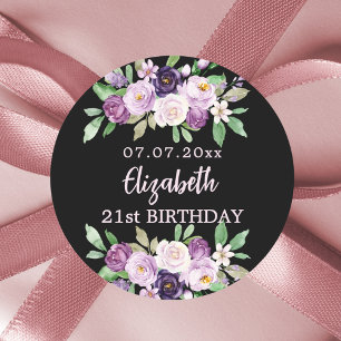 Zwarte paarse roze lavendelbloemen ronde sticker