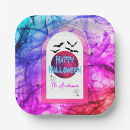 Zwarte Paarse Roze Spider Web Bats Happy Halloween Papieren Bordje