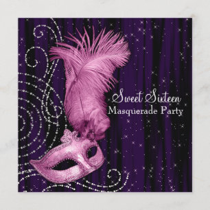 Zwarte paarse roze Sweet 16 masqueradefeest Kaart