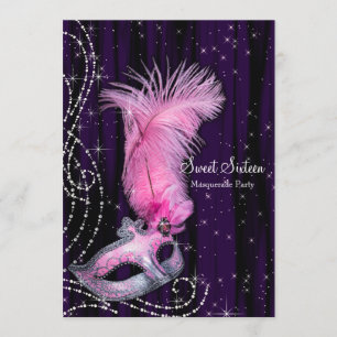 Zwarte paarse roze Sweet 16 masqueradefeest Kaart