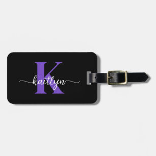 Zwarte Paarse Script Monogram Bagagelabel