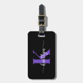 Zwarte Paarse Script Monogram Bagagelabel (Voorkant verticaal)