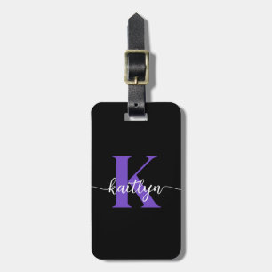 Zwarte Paarse Script Monogram Bagagelabel