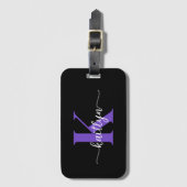 Zwarte Paarse Script Monogram Bagagelabel (Voorkant (verticaal))