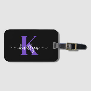 Zwarte Paarse Script Monogram Bagagelabel