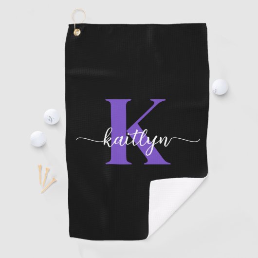 Zwarte Paarse Script Monogram Golfhanddoek (Insitu)