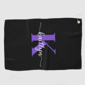 Zwarte Paarse Script Monogram Golfhanddoek (Horizontaal)