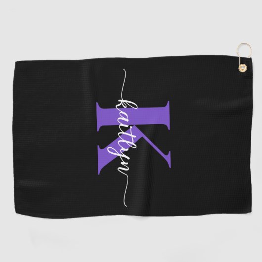 Zwarte Paarse Script Monogram Golfhanddoek (Horizontaal)
