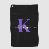 Zwarte Paarse Script Monogram Golfhanddoek (Voorkant)