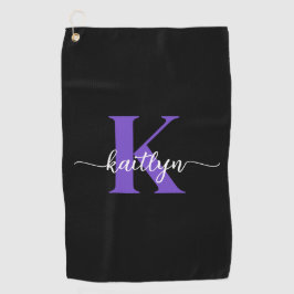 Zwarte Paarse Script Monogram Golfhanddoek