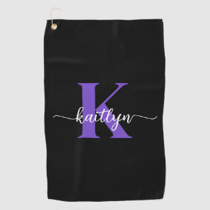 Zwarte Paarse Script Monogram Golfhanddoek