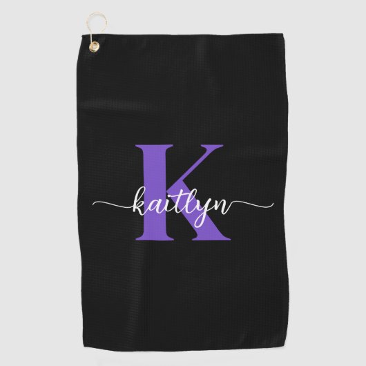 Zwarte Paarse Script Monogram Golfhanddoek (Voorkant)